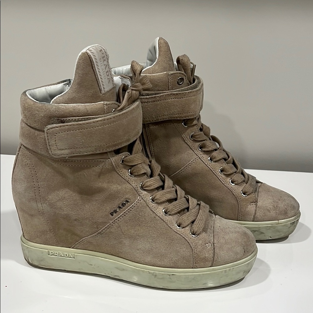 Prada Tan High-Top Sneakers with Concealed Wedge